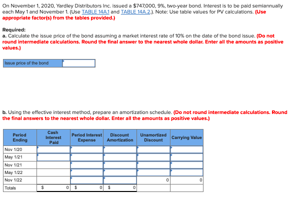 On November 1 2020 Yardley Distributors Inc Issued A 747 000 9 Two Year Bond Interest Is To Be Paid Semiannually 1