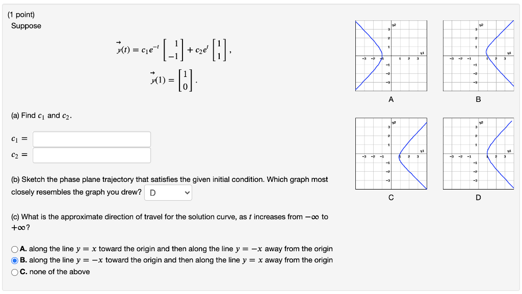 1 Point Suppose 30 C1e 1 Cx 1 1 4 34 A B A Find C And C2 Ci 1 C2 23 B Sketch The Phase Plane 1