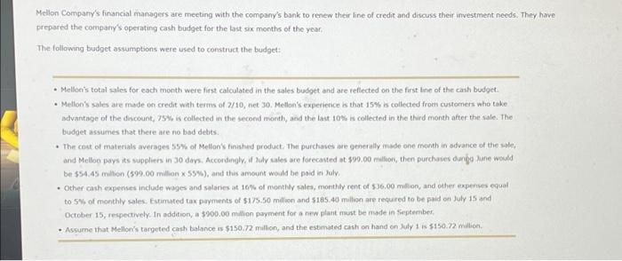 Mellon Company S Financial Managers Are Meeting With The Company S Bank To Renew Their Line Of Credit And Discuss Their 5