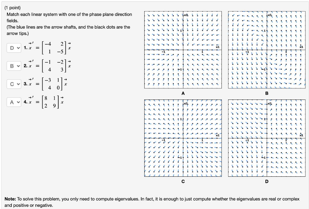 1 Point Match Each Linear System With One Of The Phase Plane Direction Fields The Blue Lines Are The Arrow Shafts A 1