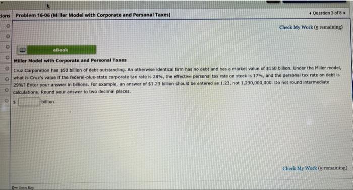 Dons Problem 16 06 Miller Model With Corporate And Personal Taxes Question 3 Of 8 O Check My Work 5 Remaining Ce Ebo 1
