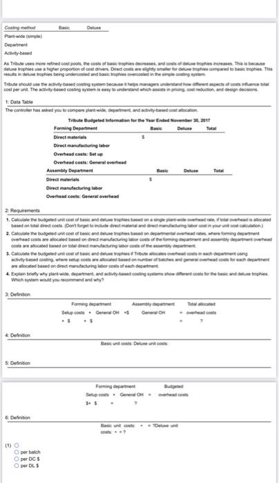 The Controller Has Asked You To Compare Plant Wide Department And Activity Based Cost Allocation Triton Budgeted Info 5