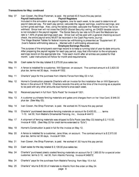 Transactions For May May 01 Charles Contirbutes The Following Assets To Begin Business As Charlie S Fencing Emporium Ca 3