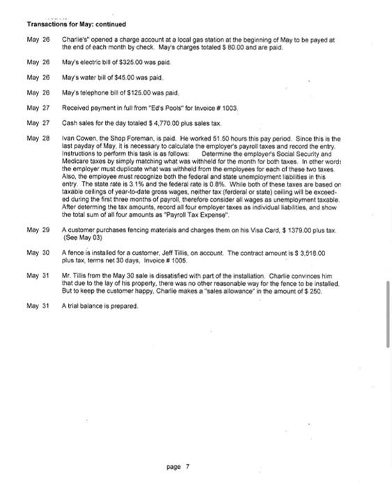 Transactions For May May 01 Charles Contirbutes The Following Assets To Begin Business As Charlie S Fencing Emporium Ca 4