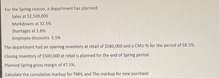 For The Spring Season A Department Has Planned Sales At 2 500 000 Markdowns At 32 5 Shortages At 1 8 Employee Disco 1