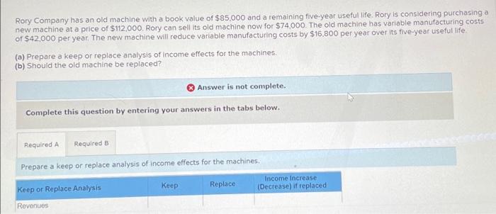 Rory Company Has An Old Machine With A Book Value Of 85 000 And A Remaining Five Year Useful Life Rory Is Considering 1