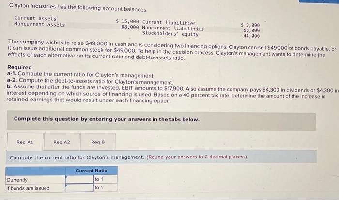 Clayton Industries Has The Following Account Balances Current Assets 15 000 Current Liabilities Noncurrent Assets 9 1