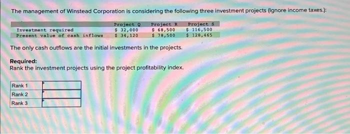 The Management Of Winstead Corporation Is Considering The Following Three Investment Projects Ignore Income Taxes Pr 1