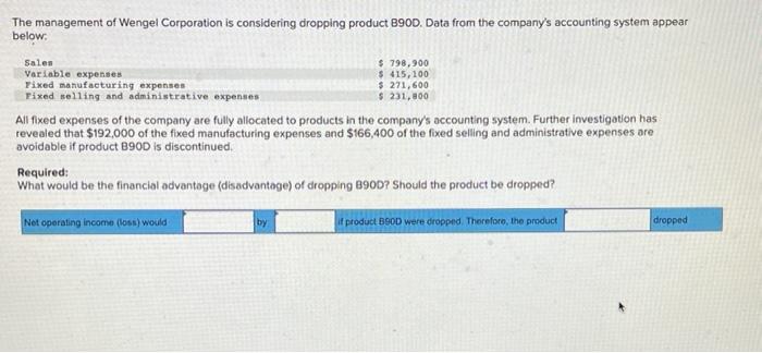 The Management Of Wengel Corporation Is Considering Dropping Product B90d Data From The Company S Accounting System App 1