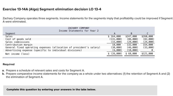 Exercise 13 14a Algo Segment Elimination Decision Lo 13 4 Zachary Company Operates Three Segments Income Statements F 1