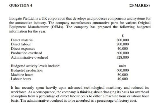 Question 4 20 Marks Irongate Pte Ltd Is A Uk Corporation That Develops And Produces Components And Systems For The Au 1