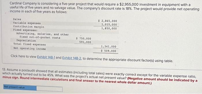 Cardinal Company Is Considering A Five Year Project That Would Require A 2 955 000 Investment In Equipment With A Usefu 1