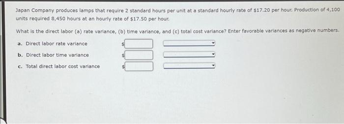 Japan Company Produces Lamps That Require 2 Standard Hours Per Unit At A Standard Hourly Rate Of 17 20 Per Hour Produc 1