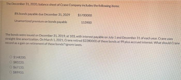 The December 31 2020 Balance Sheet Of Crane Company Includes The Following Items 5700000 8 Bonds Payable Due Decemb 1