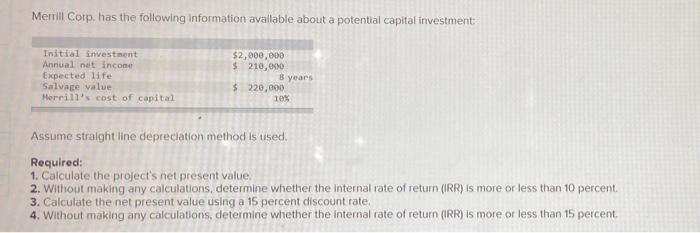 Merrill Corp Has The Following Information Available About A Potential Capital Investment Initial Investment Annual Ne 1