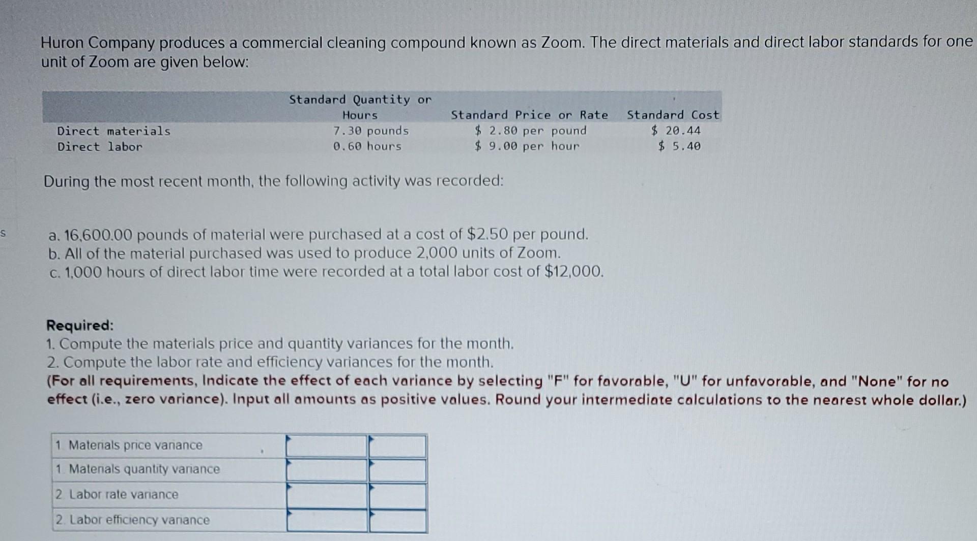 Huron Company Produces A Commercial Cleaning Compound Known As Zoom The Direct Materials And Direct Labor Standards For 1