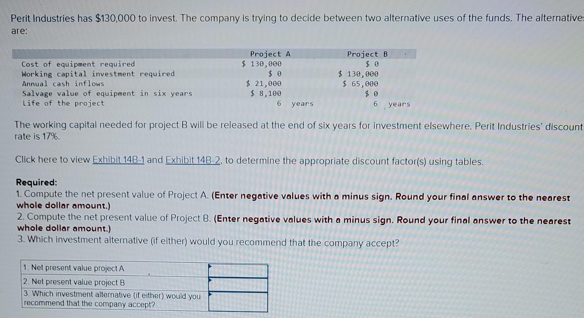 Perit Industries Has 130 000 To Invest The Company Is Trying To Decide Between Two Alternative Uses Of The Funds The 1