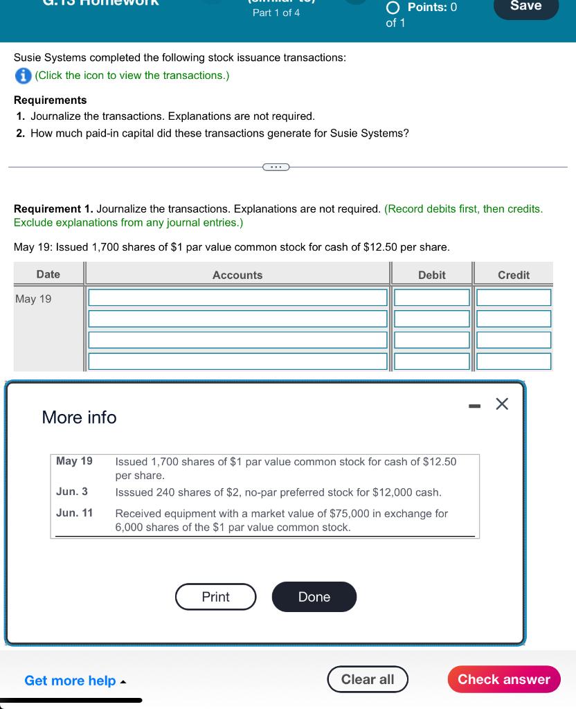 Save Part 1 Of 4 O Points 0 Of 1 Susie Systems Completed The Following Stock Issuance Transactions Click The Icon To 1