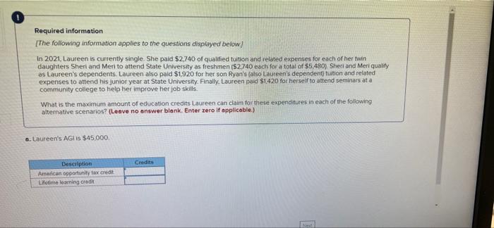 Required Information The Following Information Applies To The Questions Displayed Below In 2021 Laureen Is Currently 1