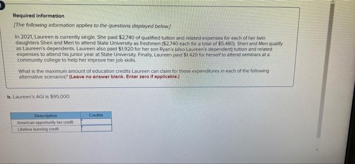 Required Information The Following Information Applies To The Questions Displayed Below In 2021 Laureen Is Currently 2