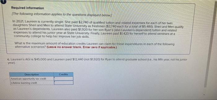 Required Information The Following Information Applies To The Questions Displayed Below In 2021 Laureen Is Currently 3