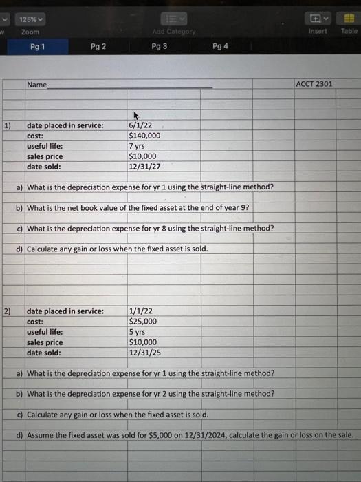 125 Zoom Insert Table Add Category Pg 3 Pg 1 Pg 2 Pg 4 Name Acct 2301 1 6 1 22 140 000 Date Placed In Service Cost 1