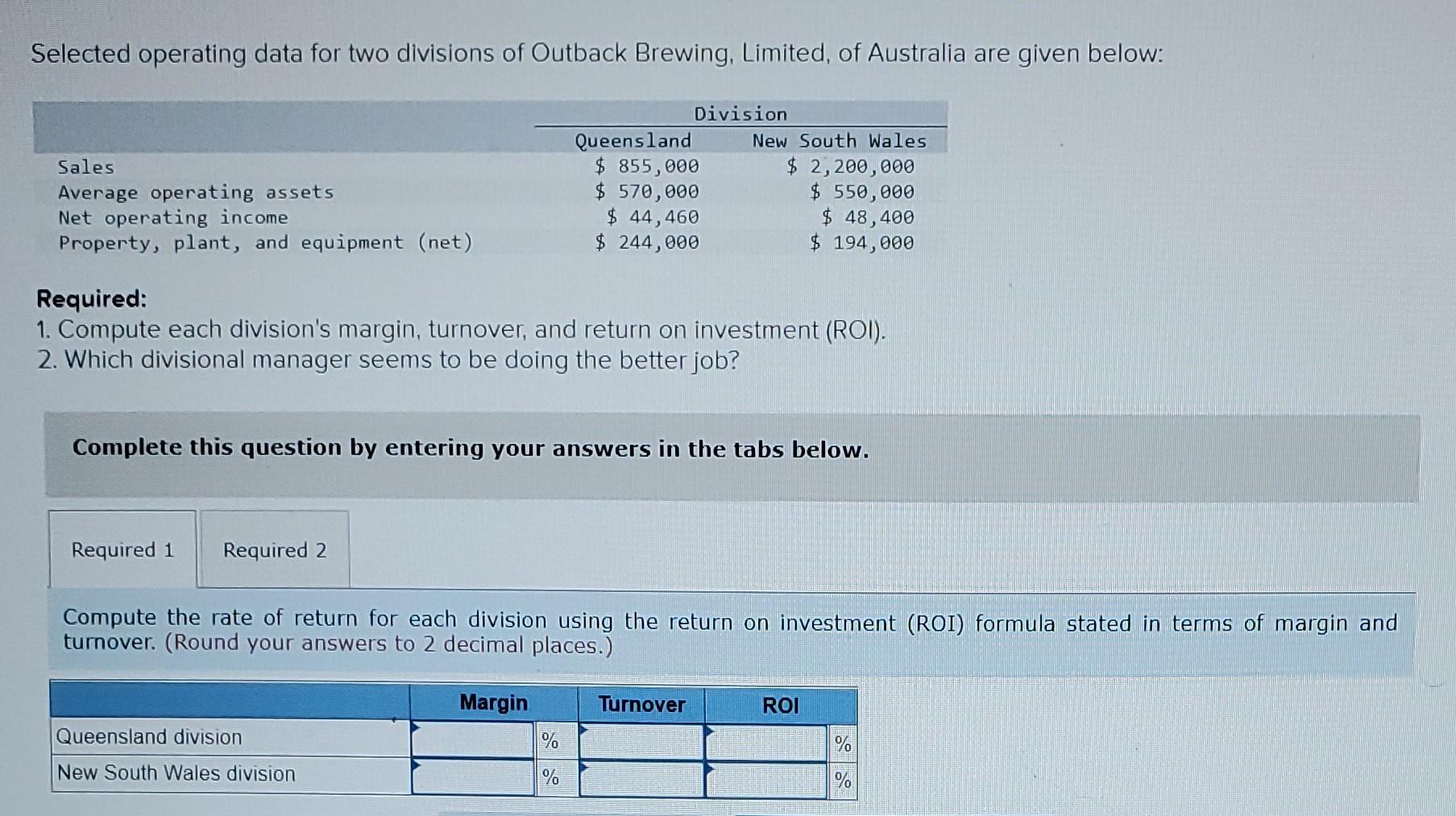 Selected Operating Data For Two Divisions Of Outback Brewing Limited Of Australia Are Given Below Sales Average Opera 1
