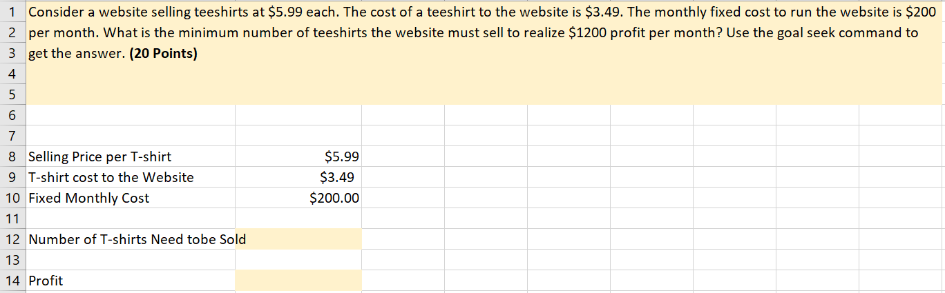 1 Consider A Website Selling Teeshirts At 5 99 Each The Cost Of A Teeshirt To The Website Is 3 49 The Monthly Fixed 1