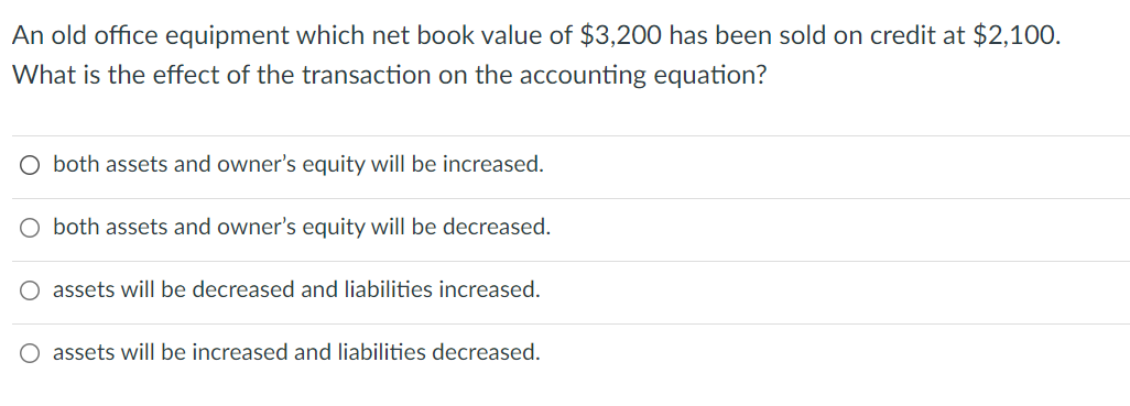 An Old Office Equipment Which Net Book Value Of 3 200 Has Been Sold On Credit At 2 100 What Is The Effect Of The Tran 1