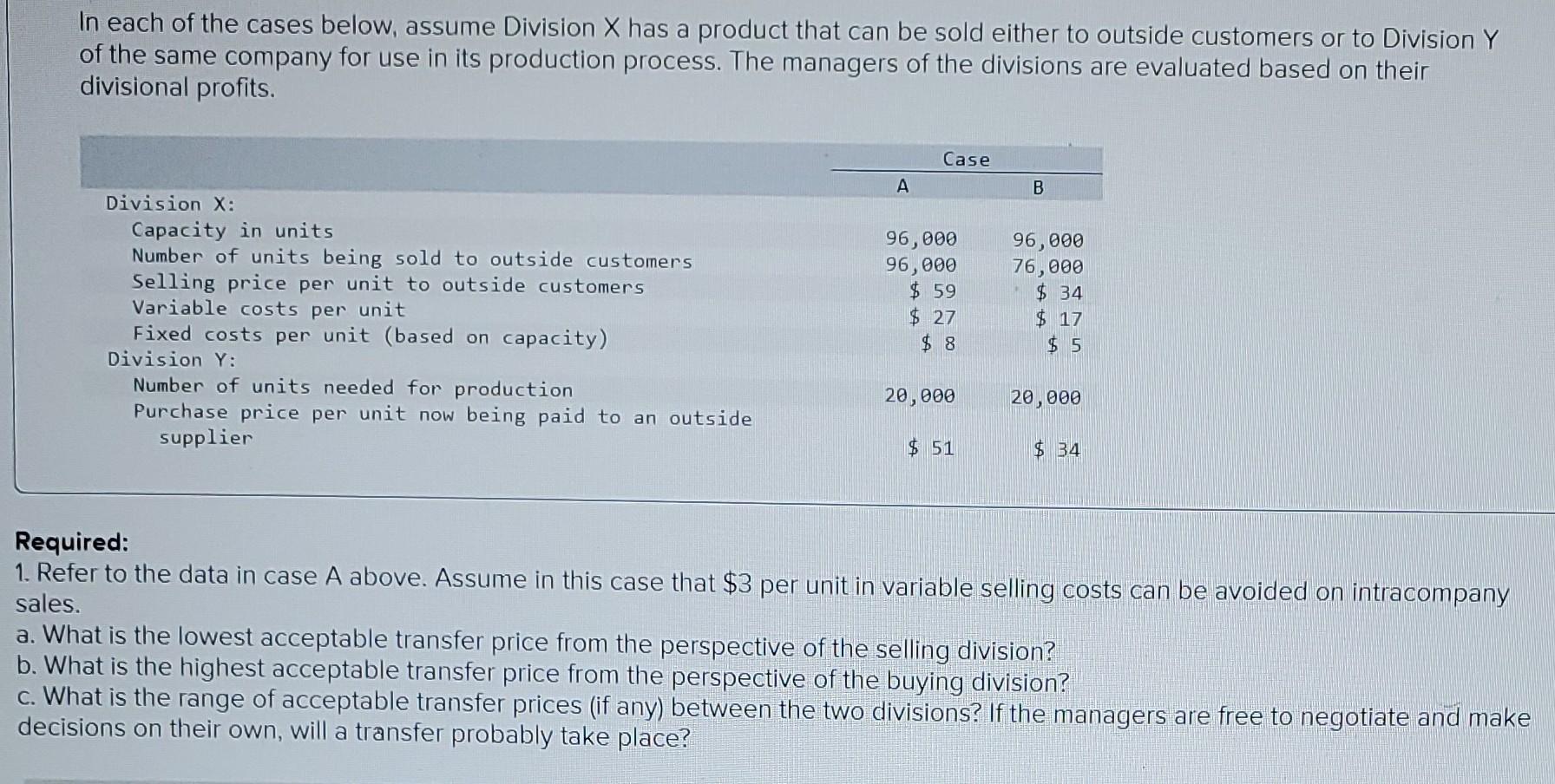 In Each Of The Cases Below Assume Division X Has A Product That Can Be Sold Either To Outside Customers Or To Division 1