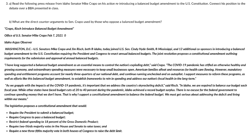3 A Read The Following Press Release From Idaho Senator Mike Crapo On His Action Re Introducing A Balanced Budget Amen 1