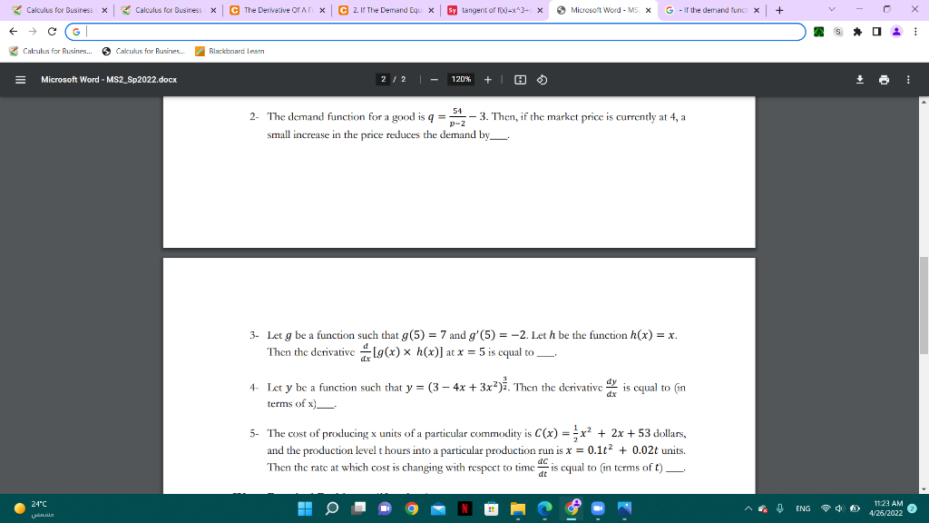 Calculus For Business X Calculus For Business X C The Derivative Olaf X C 2 If The Demand Equx Sy Tangent Of F X X 3 1