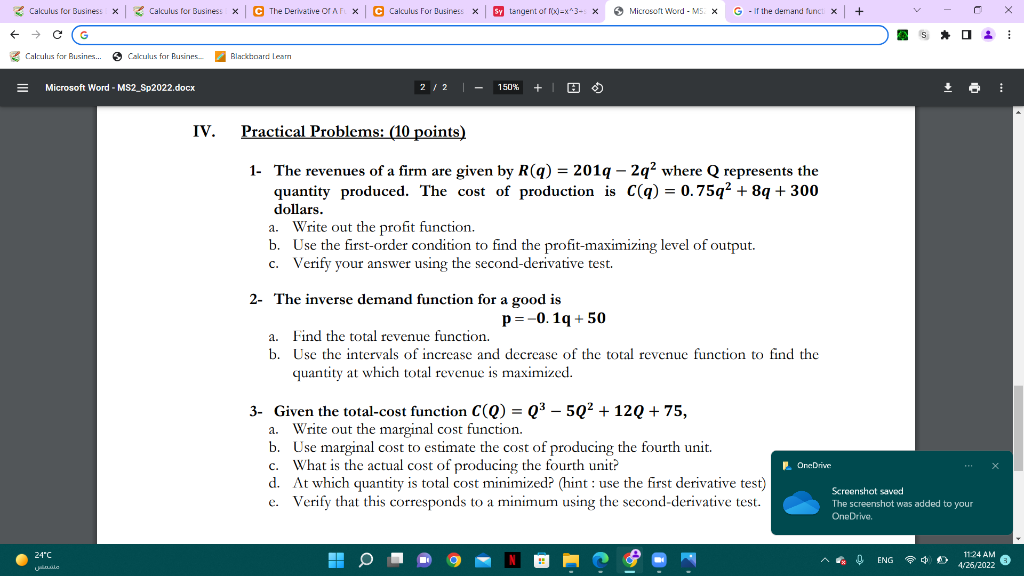 Calculus For Business X Calculus For Business X C The Derivative Ofaf X C Calculus For Business X Sy Tangent Of P X X3 1