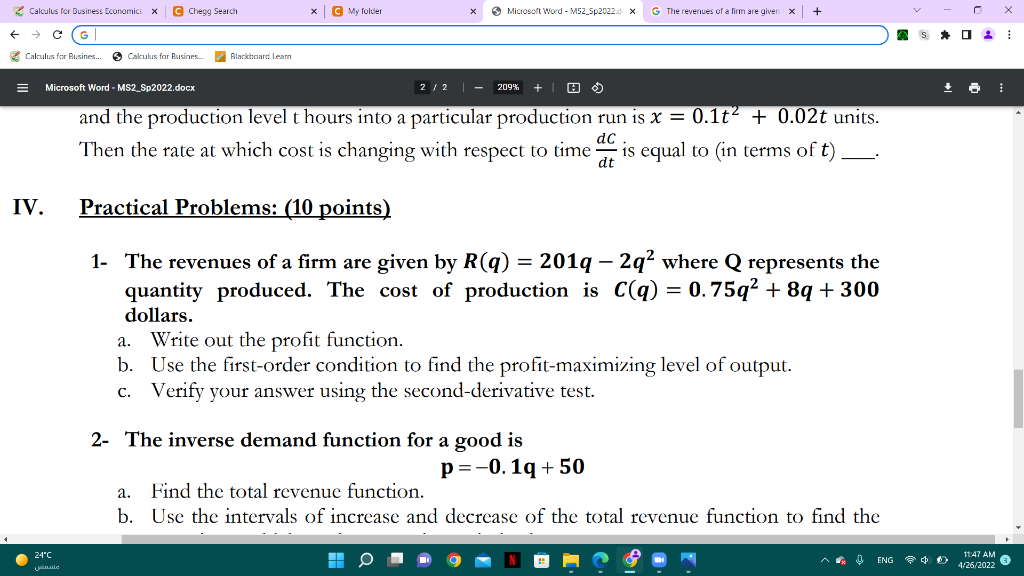 Calculus For Business Economic C Chege Search X My Folder Microsoft Word Ms2 Sp2022 D X Gthe Revenues Of A Firm Are G 1