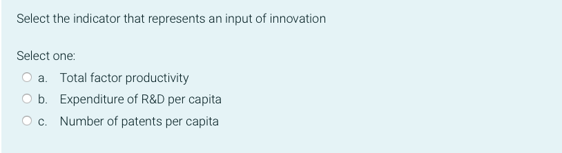 Select The Indicator That Represents An Input Of Innovation Select One A Total Factor Productivity O B Expenditure Of 1