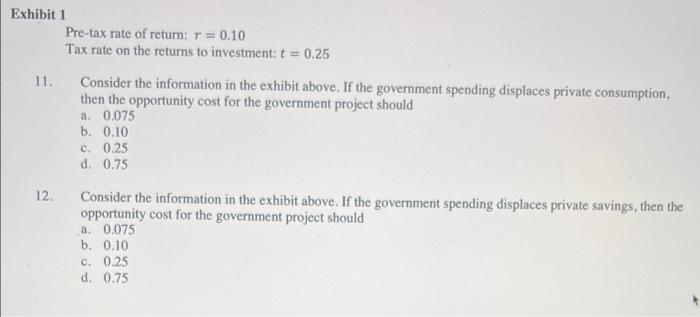 Exhibit 1 Pre Tax Rate Of Return R 0 10 Tax Rate On The Returns To Investment T 0 25 11 Consider The Information 1