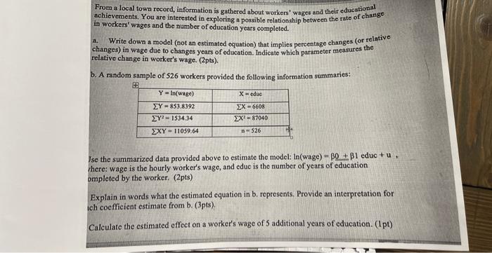 From A Local Town Record Information Is Gathered About Workers Wages And Their Educational In Workers Wages And The N 1