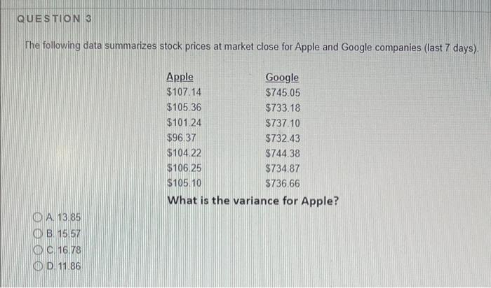 Question 3 The Following Data Summarizes Stock Prices At Market Close For Apple And Google Companies Last 7 Days Apple 2