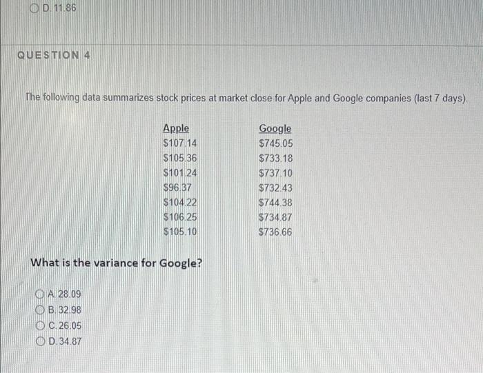 Question 3 The Following Data Summarizes Stock Prices At Market Close For Apple And Google Companies Last 7 Days Apple 3