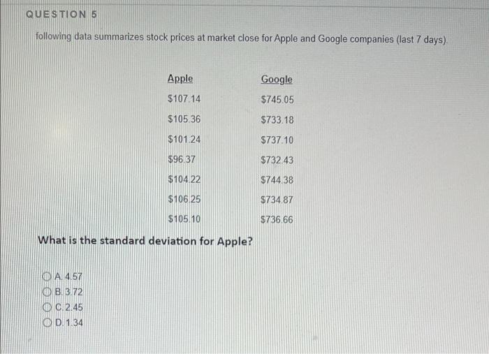 Question 3 The Following Data Summarizes Stock Prices At Market Close For Apple And Google Companies Last 7 Days Apple 4