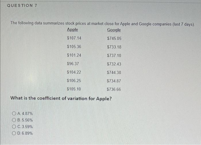 Question 3 The Following Data Summarizes Stock Prices At Market Close For Apple And Google Companies Last 7 Days Apple 6