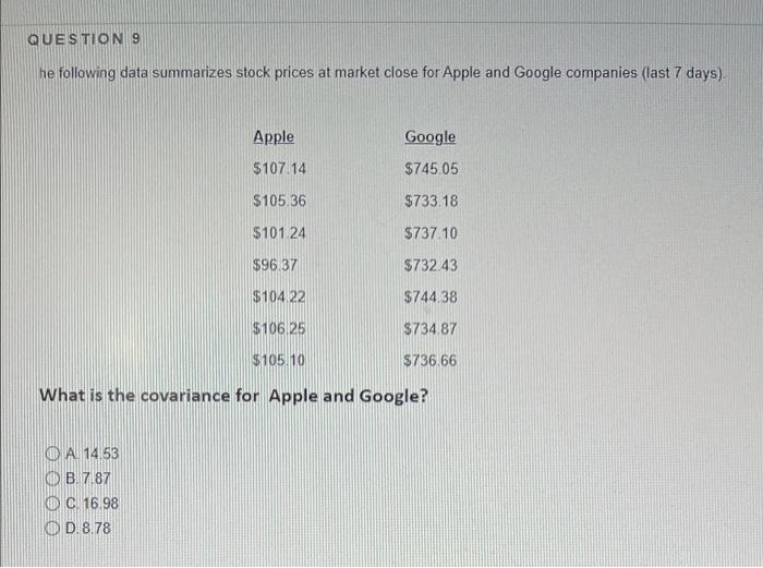 Question 3 The Following Data Summarizes Stock Prices At Market Close For Apple And Google Companies Last 7 Days Apple 8