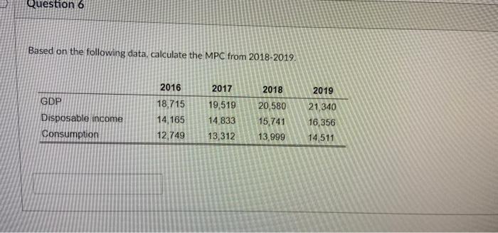 Question 6 Based On The Following Data Calculate The Mpc From 2018 2019 2016 2018 Gdp Disposable Income Consumption 18 1