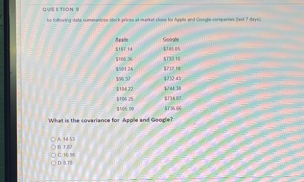 Question 9 He Following Data Summarizes Stock Prices At Market Close For Apple And Google Companies Last 7 Days Apple 1