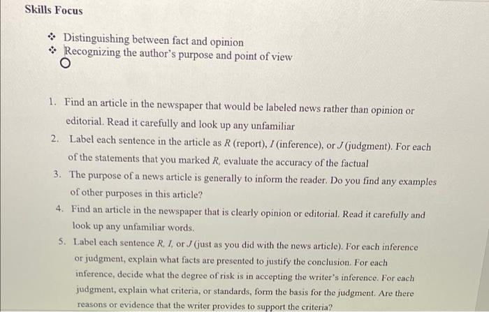 Skills Focus Distinguishing Between Fact And Opinion Recognizing The Author S Purpose And Point Of View 1 Find An Art 1