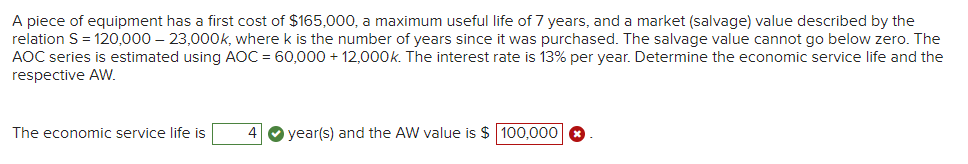 A Piece Of Equipment Has A First Cost Of 165 000 A Maximum Useful Life Of 7 Years And A Market Salvage Value Descri 1