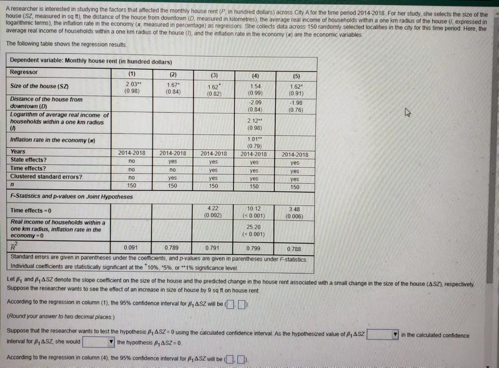 A Researcher Is Interested In Studying The Factors That Affected The Monthly House Rent P In Hundred Dollars Across C 1