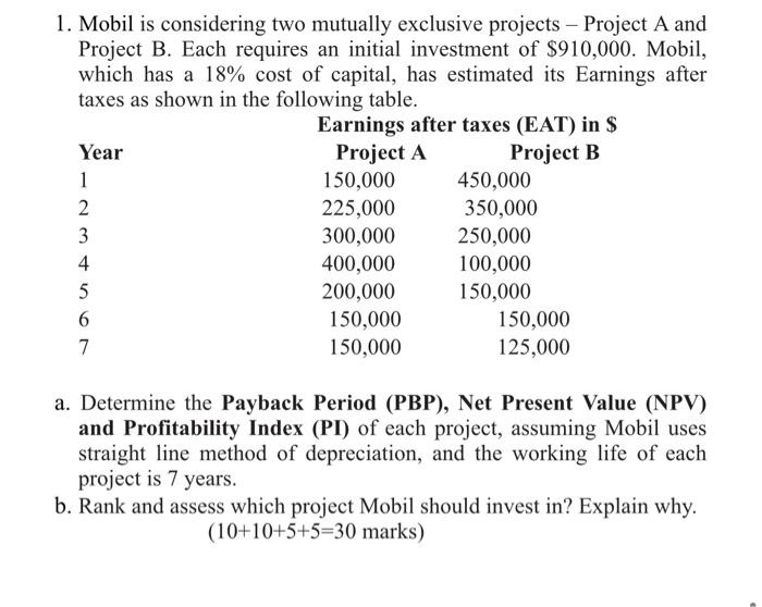 1 Mobil Is Considering Two Mutually Exclusive Projects Project A And Project B Each Requires An Initial Investment O 1