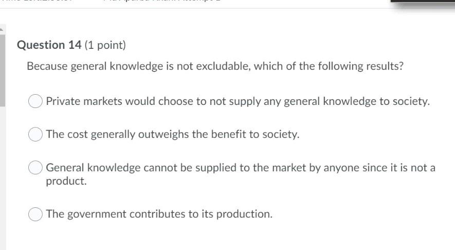 Question 14 1 Point Because General Knowledge Is Not Excludable Which Of The Following Results Private Markets Would 1