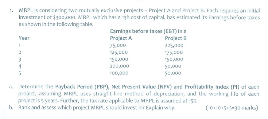 1 Mrpl Is Considering Two Mutually Exclusive Projects Project A And Project B Each Requires An Initial Investment Of 1